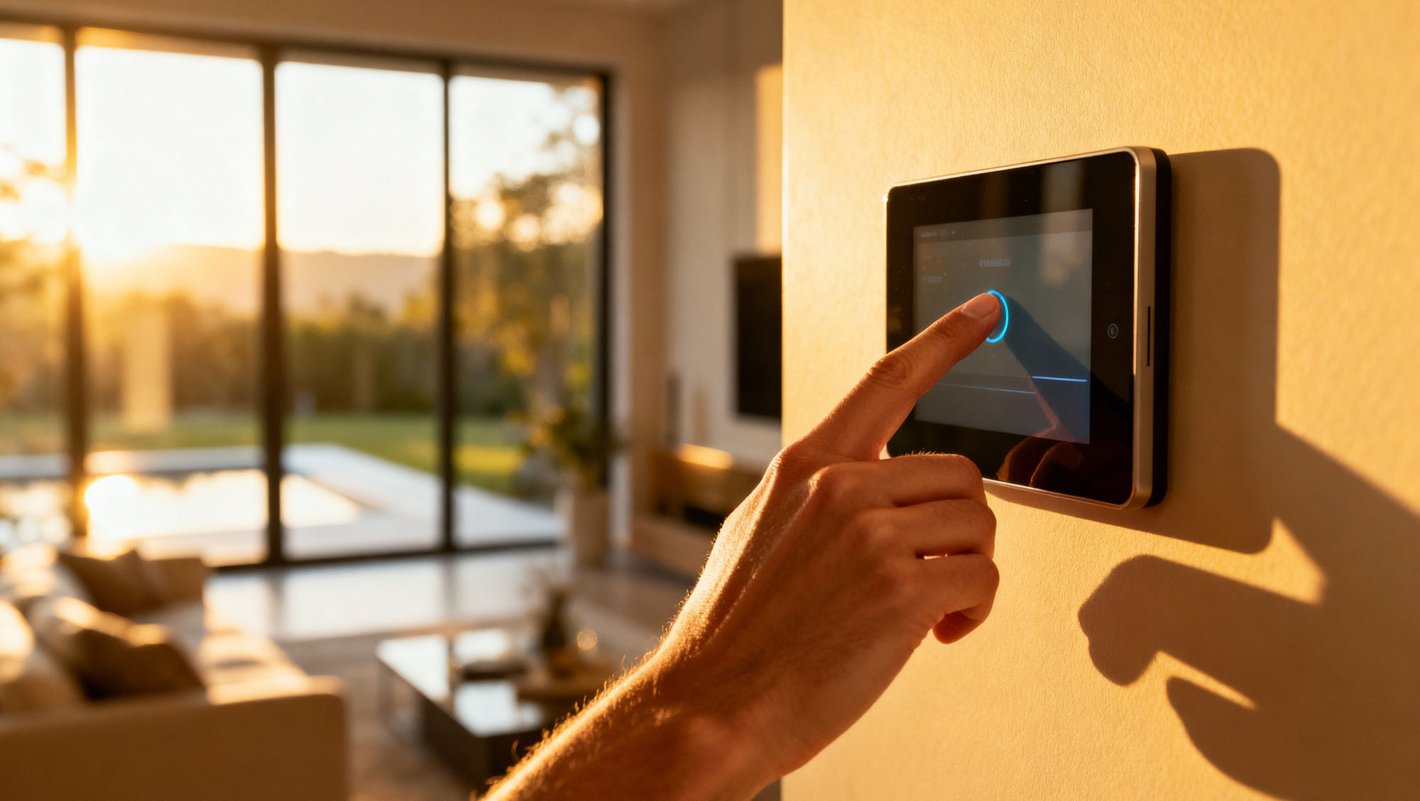 Mano interagisce con un pannello di controllo per domotica