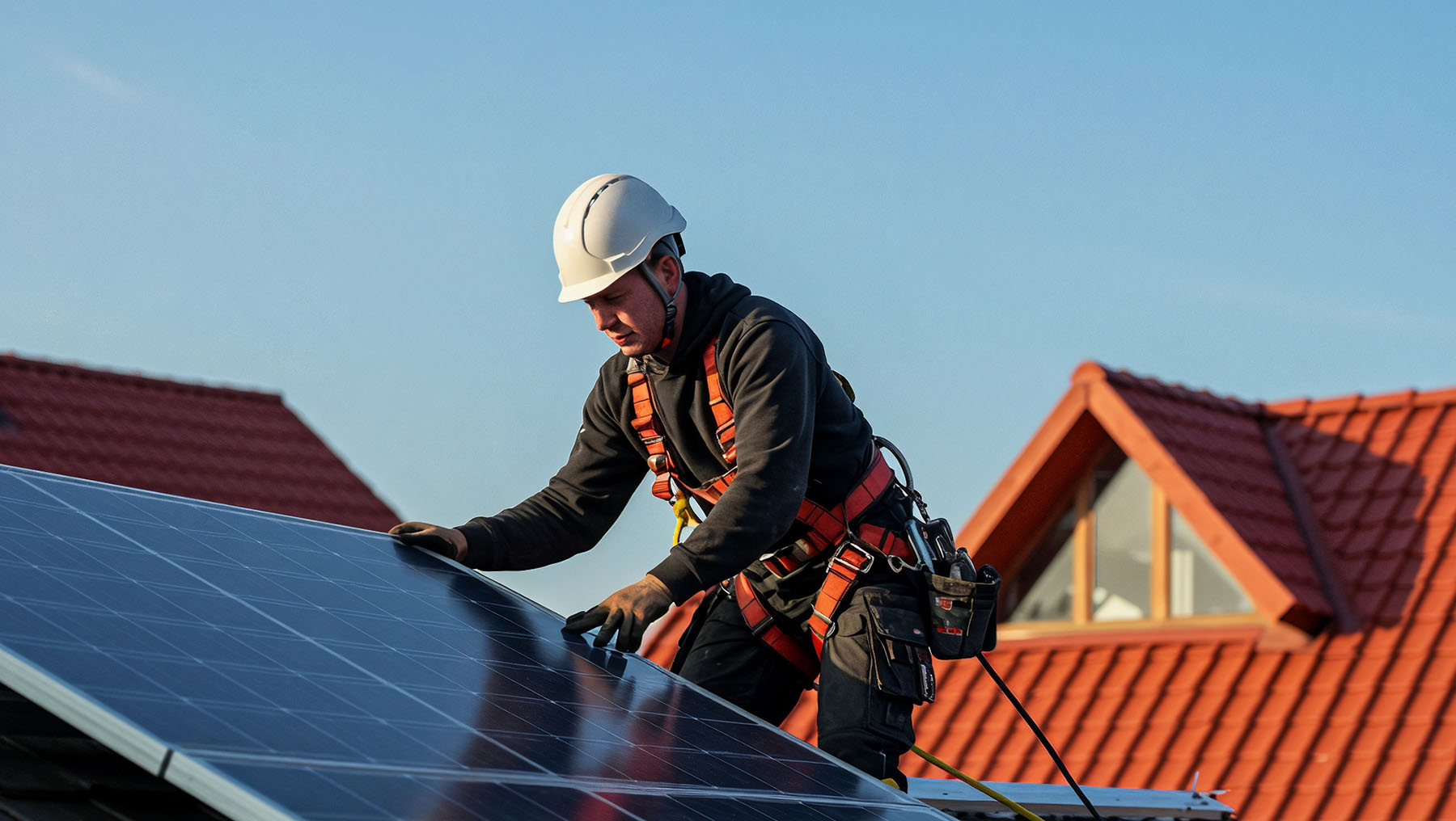 Uomo installa un pannello fotovoltaico